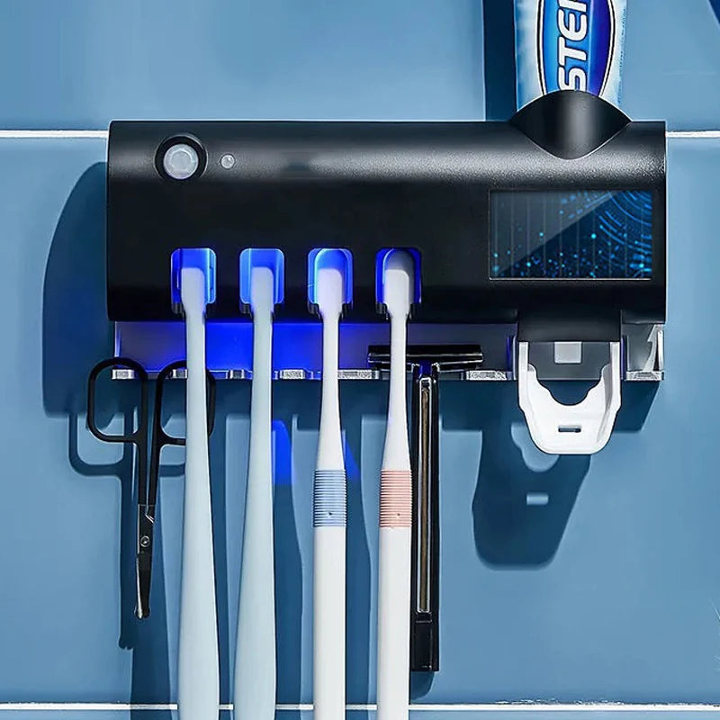 Automatic Toothpaste Dispenser with UV Sterilizer | Wall-Mounted Toothbrush Holder