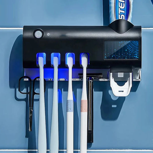 Automatic Toothpaste Dispenser with UV Sterilizer | Wall-Mounted Toothbrush Holder
