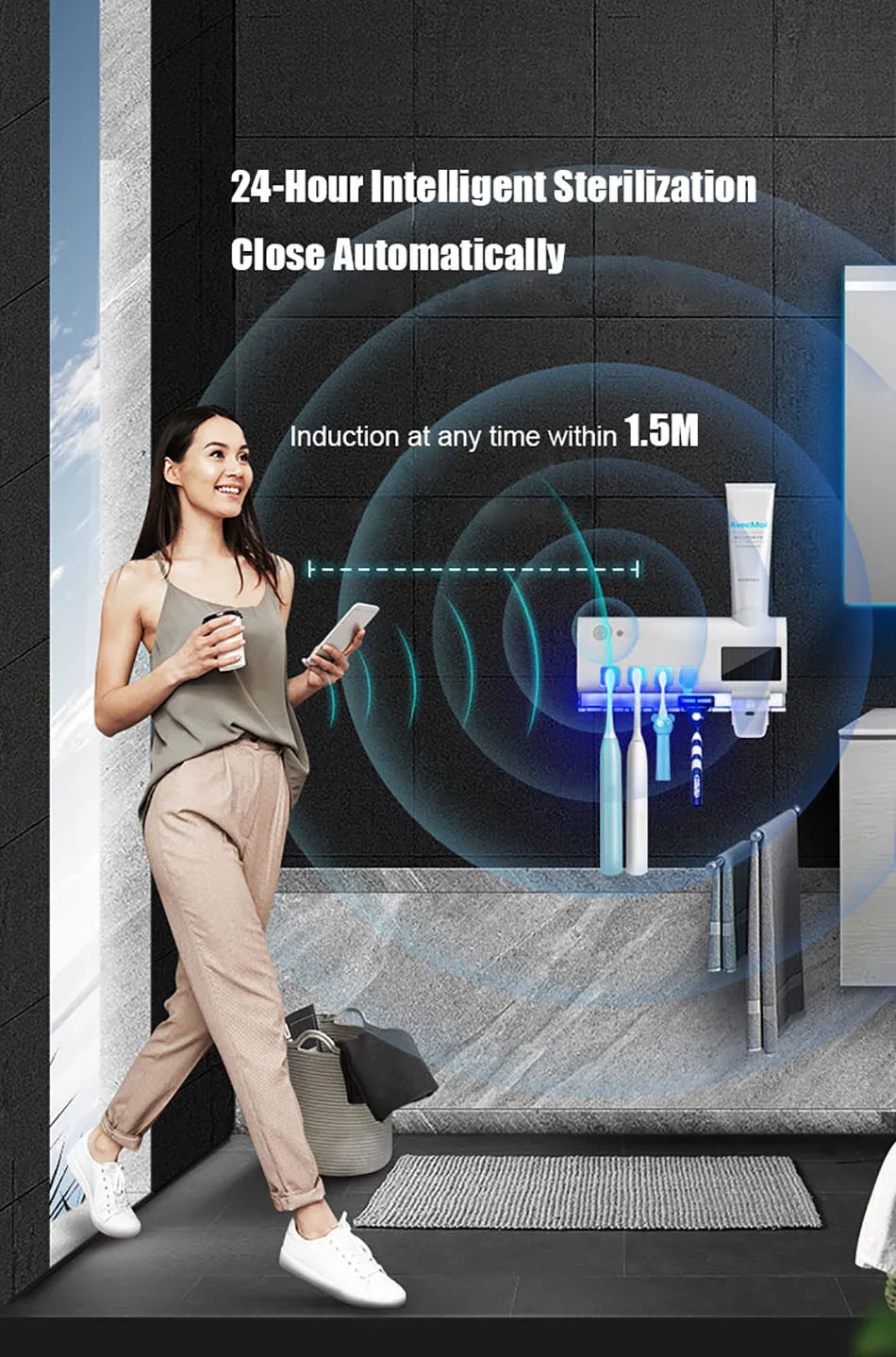 Automatic Toothpaste Dispenser with UV Sterilizer | Wall-Mounted Toothbrush Holder