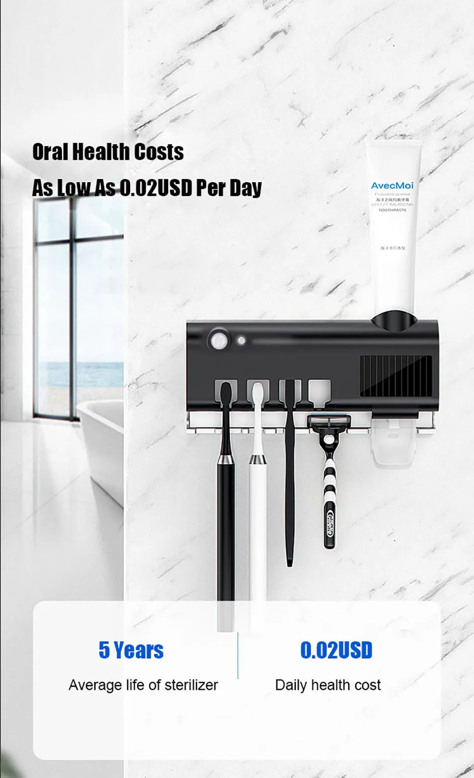 Automatic Toothpaste Dispenser with UV Sterilizer | Wall-Mounted Toothbrush Holder