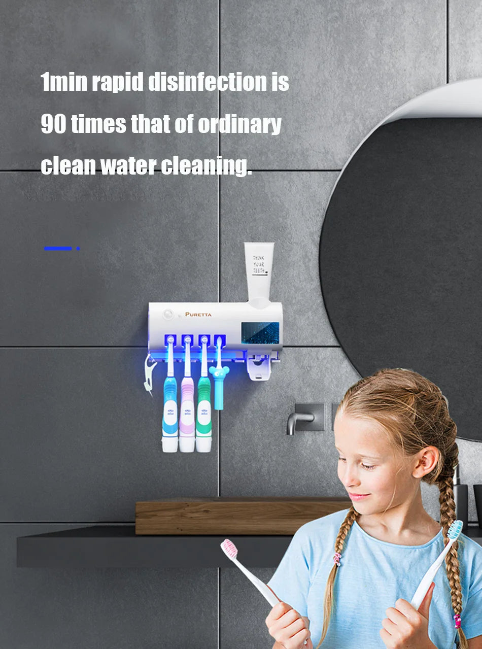 Automatic Toothpaste Dispenser with UV Sterilizer | Wall-Mounted Toothbrush Holder