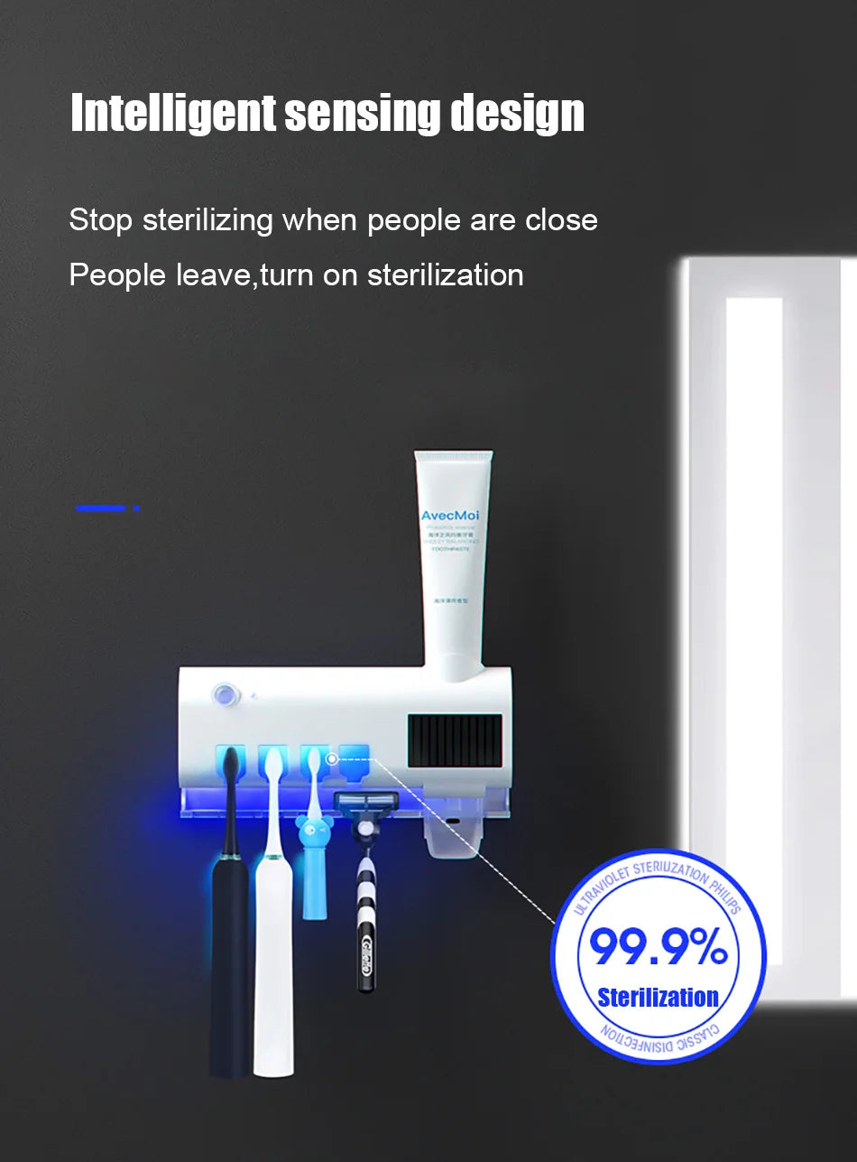 Automatic Toothpaste Dispenser with UV Sterilizer | Wall-Mounted Toothbrush Holder