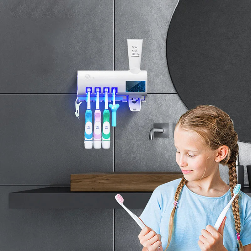 Automatic Toothpaste Dispenser with UV Sterilizer | Wall-Mounted Toothbrush Holder