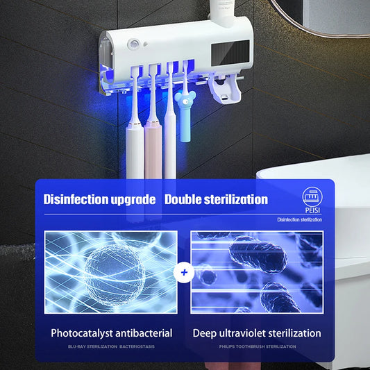 Automatic Toothpaste Dispenser with UV Sterilizer | Wall-Mounted Toothbrush Holder