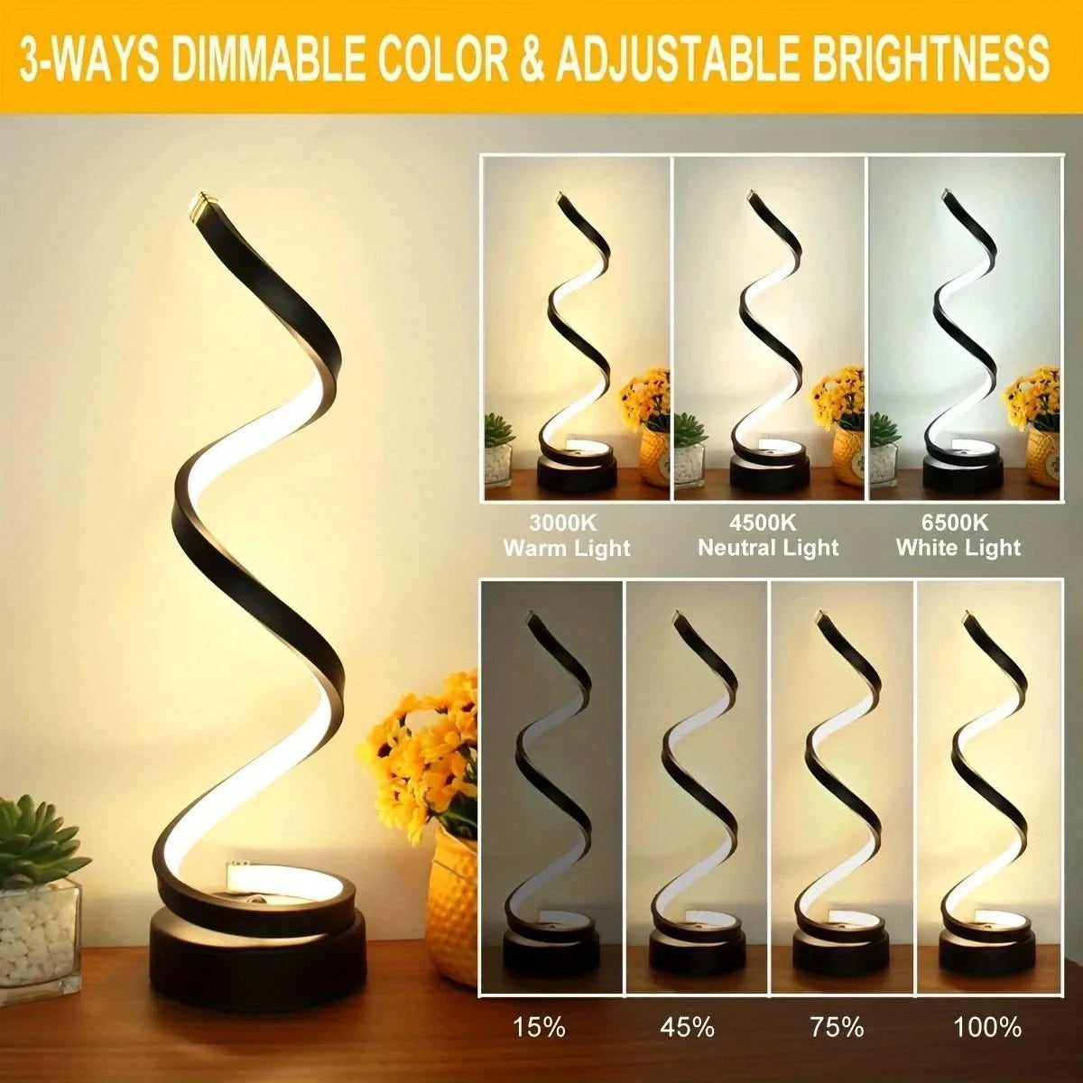 Modern Dimmable Spiral LED Table Lamp | Adjustable Brightness Night Light
